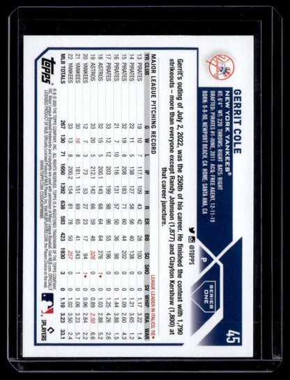 Gerrit Cole 2023 Topps Royal Blue baseball card with player statistics on dark background