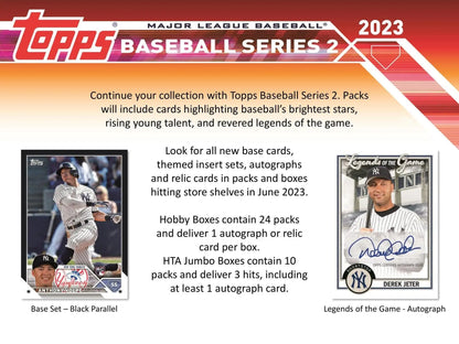 2023 Topps Series 2 Baseball Hobby Jumbo Box with Topps Baseball Series 2 advertisement featuring gold, black, and platinum parallels