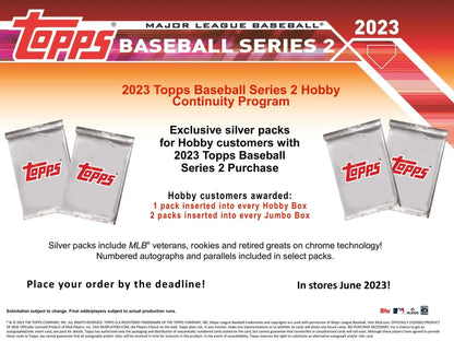 Advertisement for Topps Baseball Series 2 Hobby Continuity Program with gold, black, platinum parallels in 2023 Topps Series 2 Jumbo Box