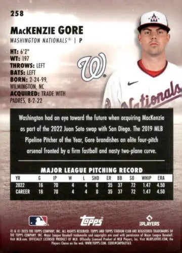 MacKenzie Gore baseball card from 2023 Topps Stadium Club featuring original gloss