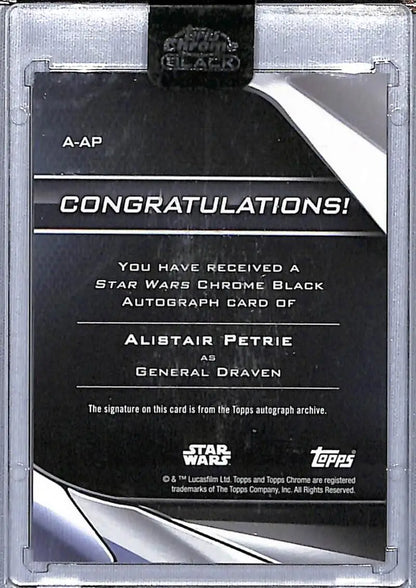 Star Wars Chrome Black Refractor card featuring Alistair Petrie’s autograph as General Draven
