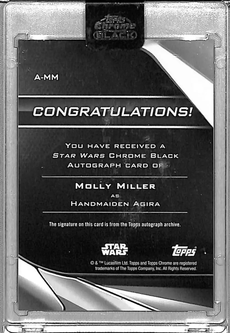 Star Wars Chrome Black Refractor card featuring Molly Miller as Handmaiden Agira auto