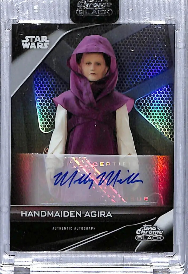 Star Wars trading card featuring Molly Miller as Handmaiden Agira with black refractor auto