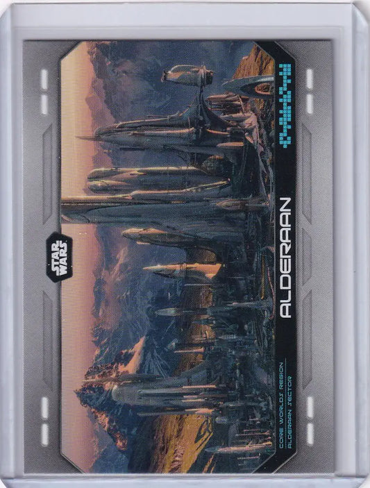 Trading card of Alderaan’s futuristic cityscape from Topps Star Wars Flagship series
