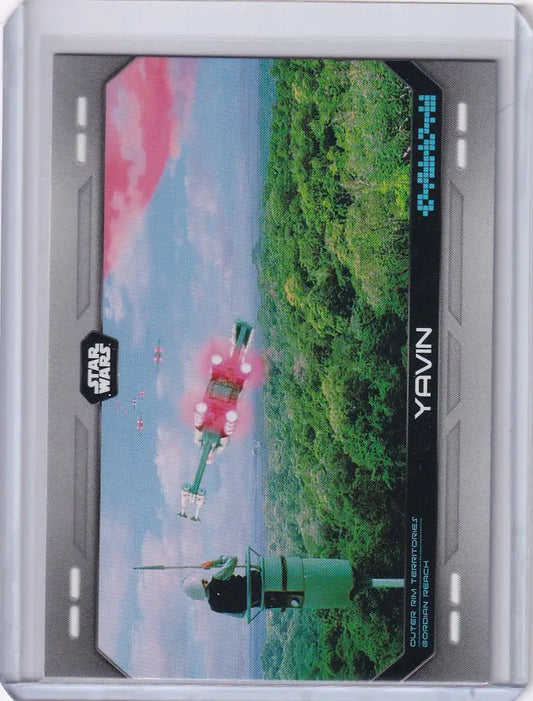 Topps Star Wars trading card featuring a speeder bike over Yavin’s lush landscape