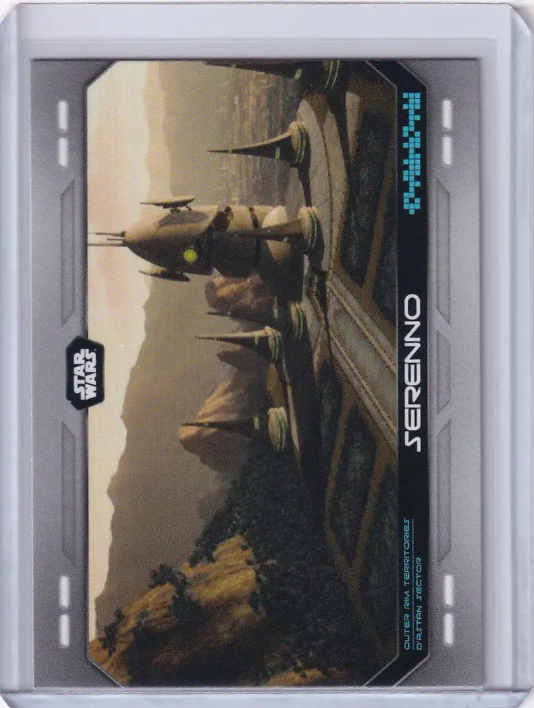 Trading card showcasing alien creatures and spacecraft on a desert planet from Topps Star Wars
