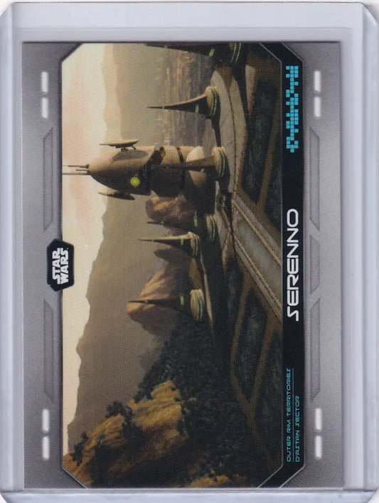 Trading card showcasing alien creatures and spacecraft on a desert planet from Topps Star Wars