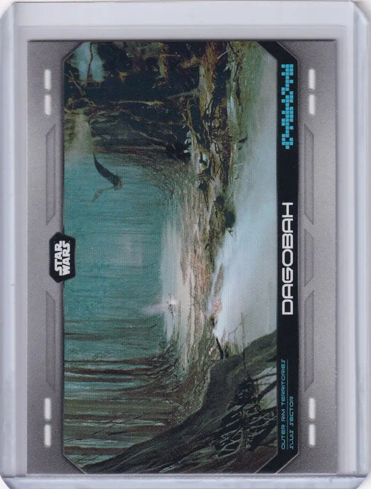 Trading card of alien landscape with rocky shore from Topps Star Wars Flagship