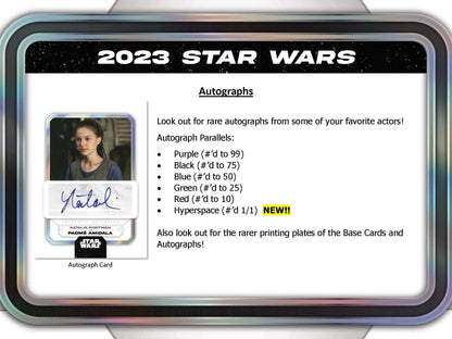 2023 Topps Star Wars autograph card from a Star Wars Hobby Super Box featuring rare short prints