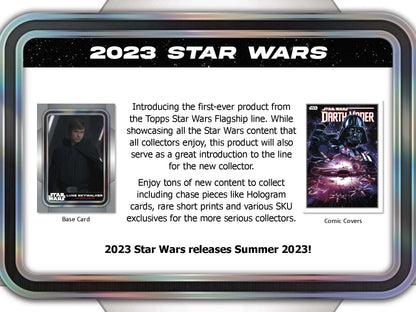 Star Wars trading card advertisement in 2023 Topps Star Wars Hobby Super Box featuring rare short prints