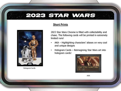 Topps Star Wars trading card advertisement for 2023 Hobby Super Box showcasing rare short prints