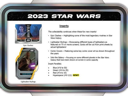 Star Wars trading card inserts from 2023 Topps Star Wars Hobby Super Box, featuring rare short prints