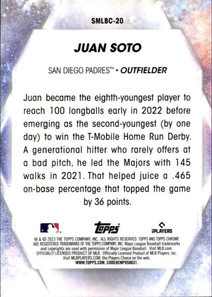 Baseball card of Juan Soto, San Diego Padres outfielder with stats and biography