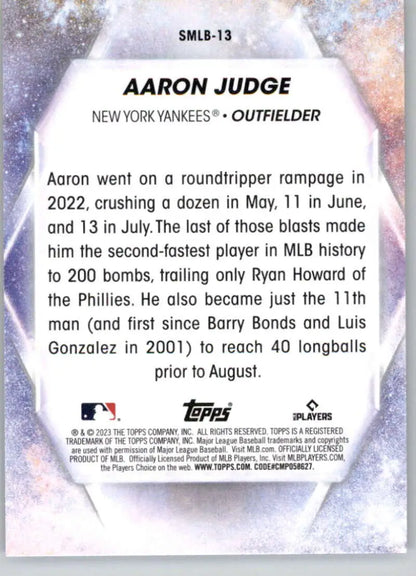 Aaron Judge Baseball Card from 2023 Topps Stars highlighting his 2022 home run feats