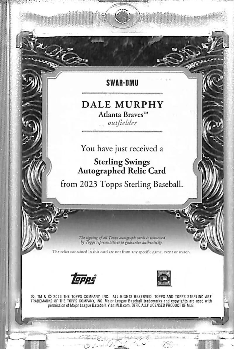 Reverse side of Dale Murphy autographed relic baseball card from 2023 Topps Sterling Swings
