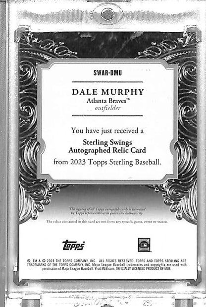 Reverse side of Dale Murphy autographed relic baseball card from 2023 Topps Sterling Swings