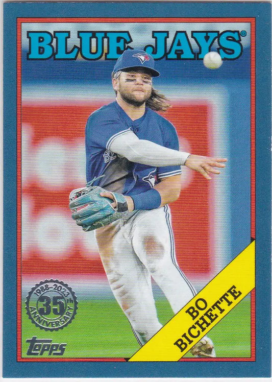 Baseball card of Bo Bichette mid-throw, featuring Bichette Blue Border 35th Anniversary Toronto
