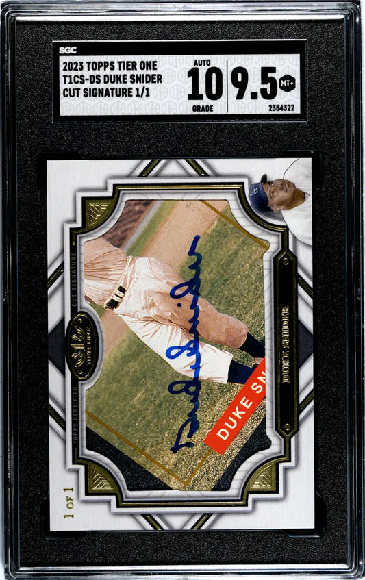Graded baseball card of Duke Snider with signature, showcasing Los Angeles Dodgers field
