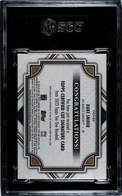 Black-bordered case holding 2023 Topps Duke Snider Los Angeles Dodgers Baseball Card SGC 9.5