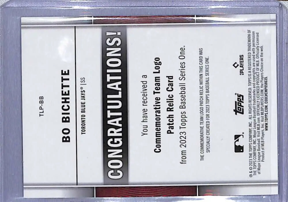 Baseball card holder displaying 2023 Topps Bo Bichette Toronto Blue Jays card #/299