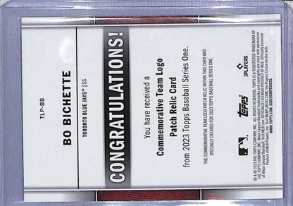 Baseball card holder displaying 2023 Topps Bo Bichette Toronto Blue Jays card #/299
