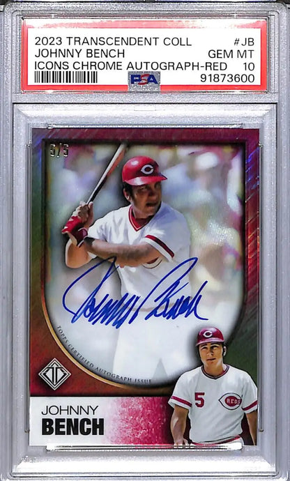 Graded Johnny Bench baseball card with autograph from 2023 Topps Transcendent Collection, GEM MINT