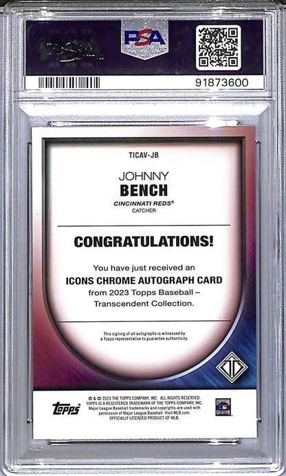 Graded Johnny Bench baseball card from 2023 Topps Transcendent Collection, GEM MINT Auto