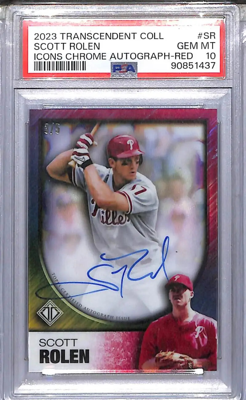 Autographed Scott Rolen baseball card in chrome red with Phillies logo, PSA 10 GEM MINT
