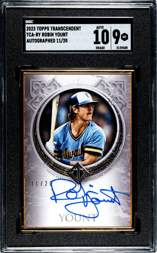 Graded baseball card of Robin Yount with blue ink autograph for Milwaukee Brewers