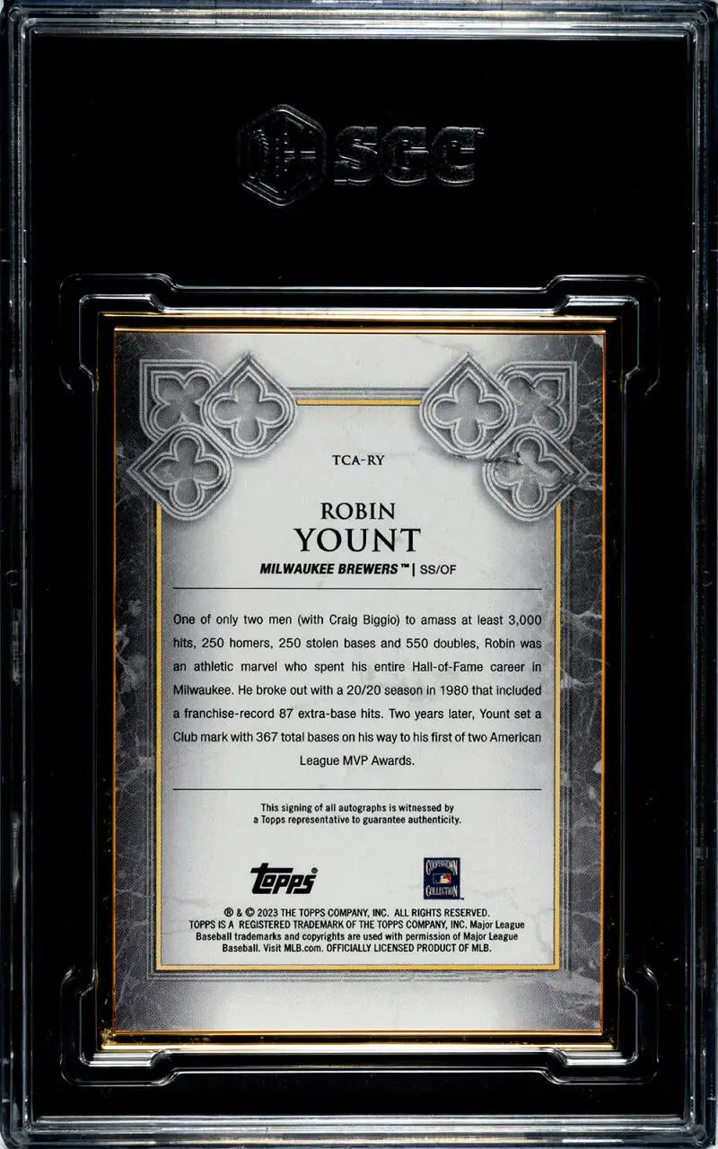 Back of 2023 Topps Transcendent Robin Yount Baseball Card in protective case