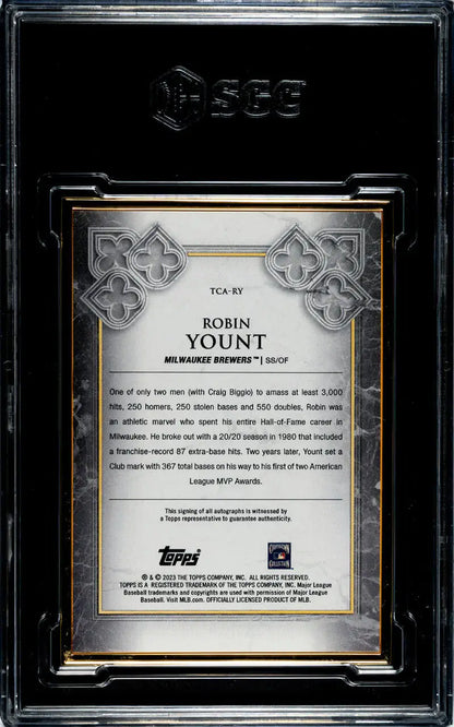 Back of 2023 Topps Transcendent Robin Yount Baseball Card in protective case