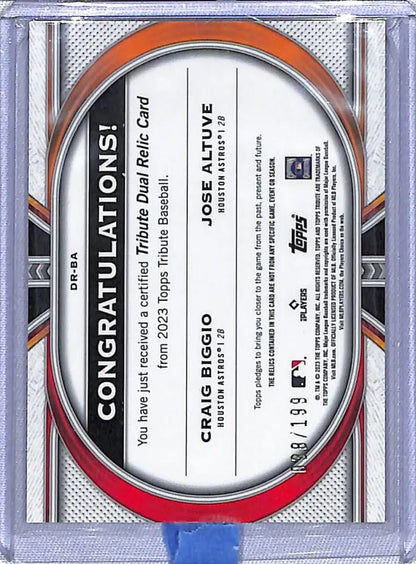 Topps Tribute Dual Relic baseball card featuring Craig Biggio and Jose Altuve Houston Astros