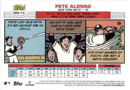 Baseball card of Pete Alonso with comic-style art and stats in a Boxloader Card design