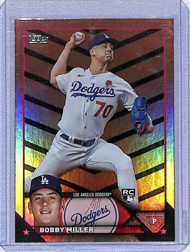 Bobby Miller pitching on a 2023 Topps Update Orange & Black baseball card US188