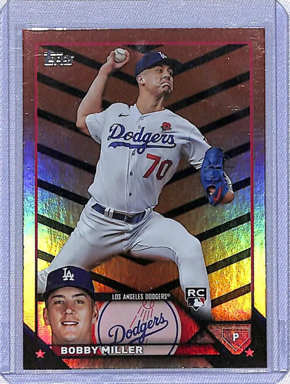 Bobby Miller pitching on a 2023 Topps Update Orange & Black baseball card US188