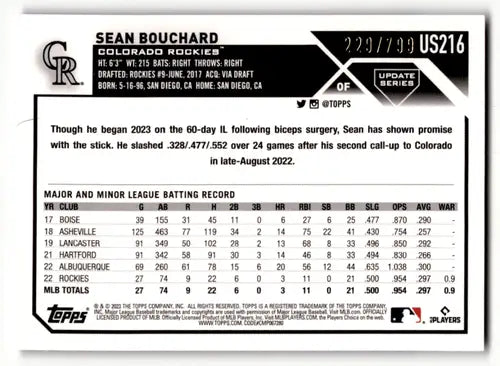 2023 Topps Update Series Purple Foil #US216 Sean Bouchard NM-MT RC Rook ID:63806 - Trading Cards
