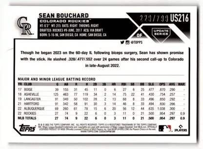 2023 Topps Update Series Purple Foil #US216 Sean Bouchard NM-MT RC Rook ID:63806 - Trading Cards