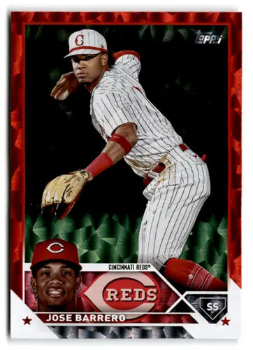 Baseball trading card of Jose Barrero in Cincinnati Reds uniform from 2023 Topps Update Series Red Foil