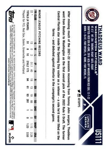 2023 Topps Update Series #US111 Thaddeus Ward NM-MT RC Rookie Nationals ID:63832 - Trading Cards