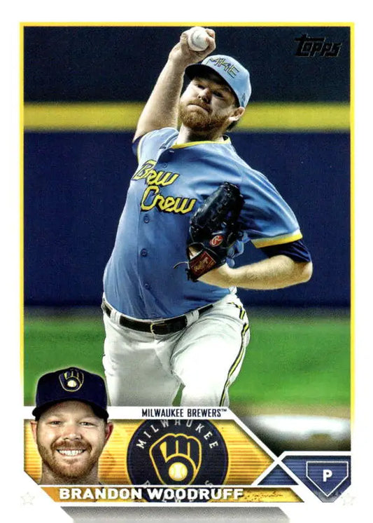 Brandon Woodruff in light blue Milwaukee Brewers uniform delivering a pitch baseball card