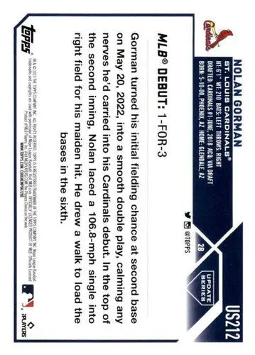 2023 Topps Update Series #US212 Nolan Gorman NM-MT Cardinals Rookie Deb ID:63877 - Trading Cards