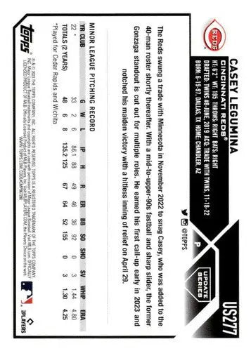 2023 Topps Update Series #US277 Casey Legumina NM-MT RC Rookie Reds ID:63852 - Trading Cards