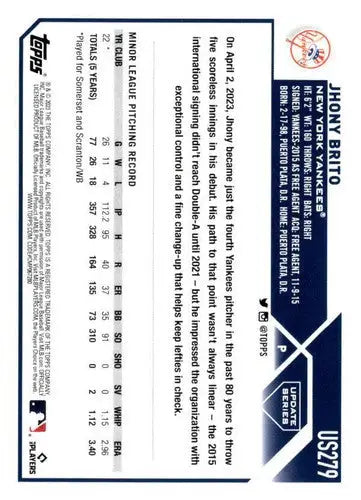 2023 Topps Update Series #US279 Jhony Brito NM-MT RC Rookie Yankees ID:67684 - Trading Cards