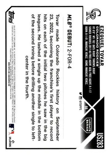 2023 Topps Update Series #US283 Ezequiel Tovar NM-MT Rockies Rookie Deb ID:67685 - Trading Cards