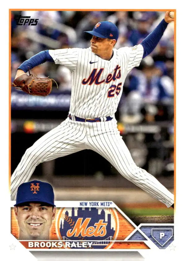 Baseball card of US43 Brooks Raley in mid-throw for Topps Update Series Mets