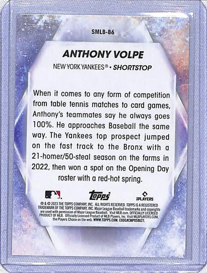 Anthony Volpe New York Yankees rookie card from Topps Update showcasing stats and biography