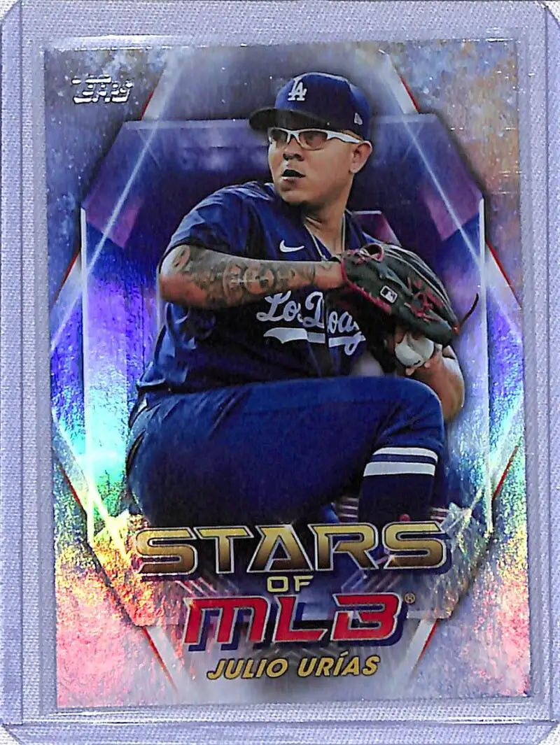Baseball trading card of Julio Urias, Los Angeles Dodgers in blue uniform