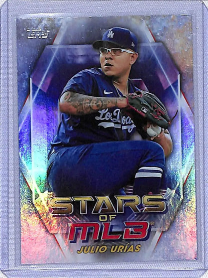 Baseball trading card of Julio Urias, Los Angeles Dodgers in blue uniform