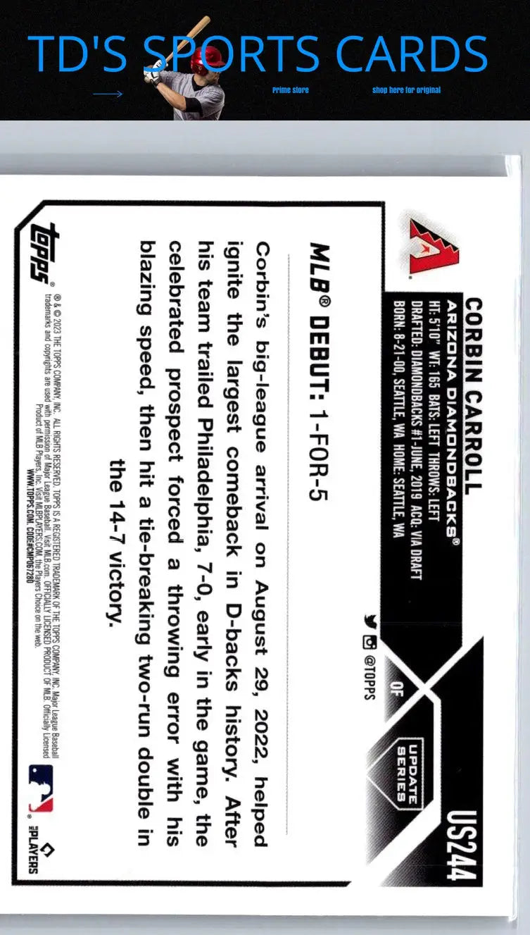 2023 Topps Update US244 Corbin Carroll baseball card showcasing Corbin Carroll athlete