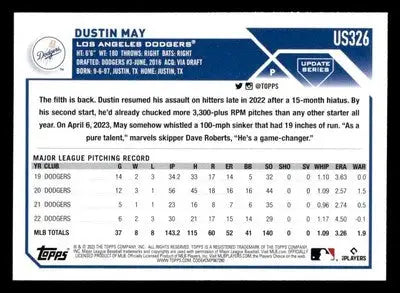 Back of 2023 Topps Update US326 Dustin May baseball card showcasing card details
